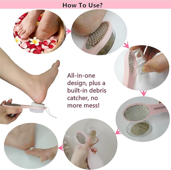 Foot File Callus Remover 5-in-1, 2 Pcs Feet Scraper Pedicure Tools with Pumice Stone, Scrubber Brush, Stainless Steel Foot Rasp and Sand Paper Debris Catcher, Multi Purpose, Pink
