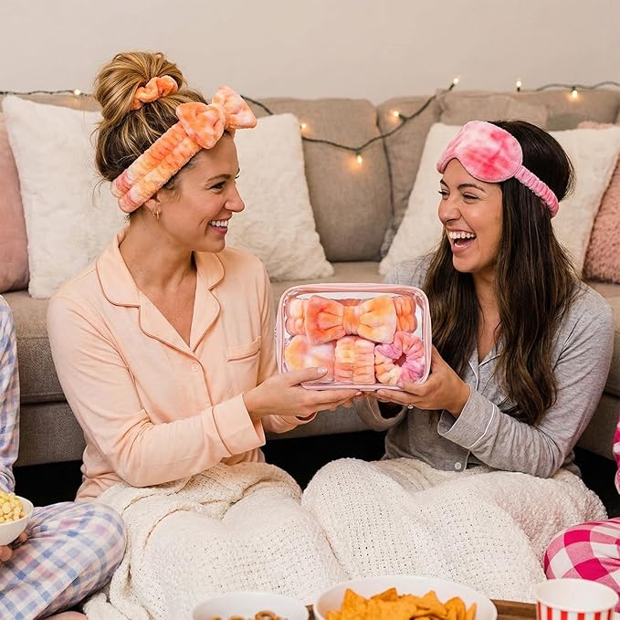 Hoteam 10 Pcs Spa Party Supplies Gift for Mother's Day Sleepover Party Favor Spa Headband Wristband Sleep Eye Mask Velvet Scrunchies for Skin Care Makeup Slumber Night Favor(Tie Dye Orange)