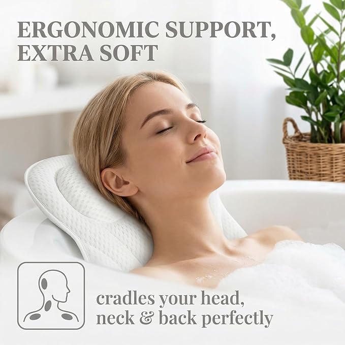 Bath Pillow for Tub, Soft Bathtub Pillow for Neck & Back Support with Breathable Fabric, Non-Slip Suction Cups, Quick-Dry Bathtub Accessory for Home Use