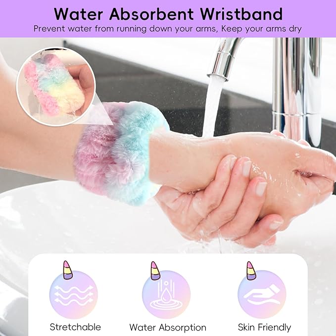 my novel things Face Wash Headband Set With Wrist Bands and Hair Scrunchie - Cute Rainbow Elastic Spa Hair Bands for Washing Face, Makeup, Skincare