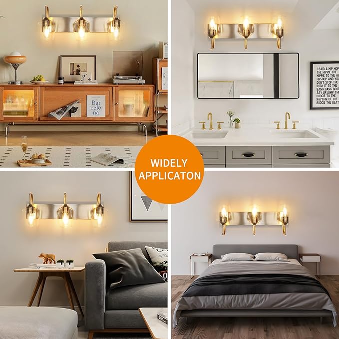3-Light Brushed Nickel Bathroom Light Fixture With Clear Glass Shade, 23.62'' Modern Vanity Wall Lights for Bedroom Hallway Living Room (E26 Base)