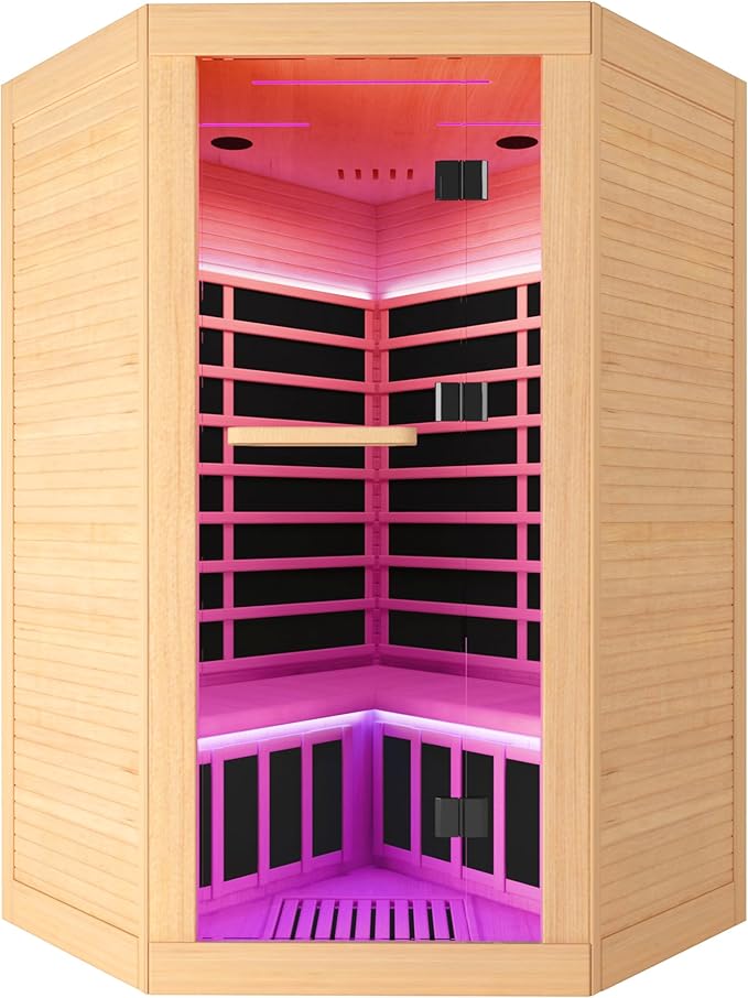OUTEXER 2-3 Person Sauna Corner Sauna Far Infrared Saunas Room Home Canadian Hemlock Indoor 2100W Low-EMF Dry Saunas with 7 Color Therapy 47.2 * 47.2 * 74.8inch