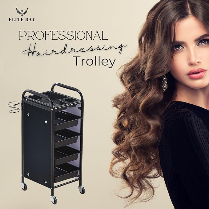 ELITE BAY-Hairdressing Trolley- Metal Salon Rolling Cart Organizer.Durable Beauty Storage Unit with Wheels.Multi-Tier Tray System for Hair Tools, Makeup & Spa Essentials.Black & Gold Finish