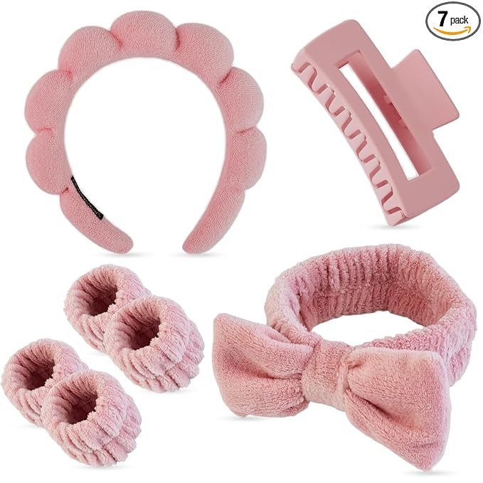 7 Pcs Spa Set, Facial Headband and Wristband Set, Skincare Accessories, College Style Girl Idea Gifts, Hair Accessories for Women and Girls（ Coral Pink）