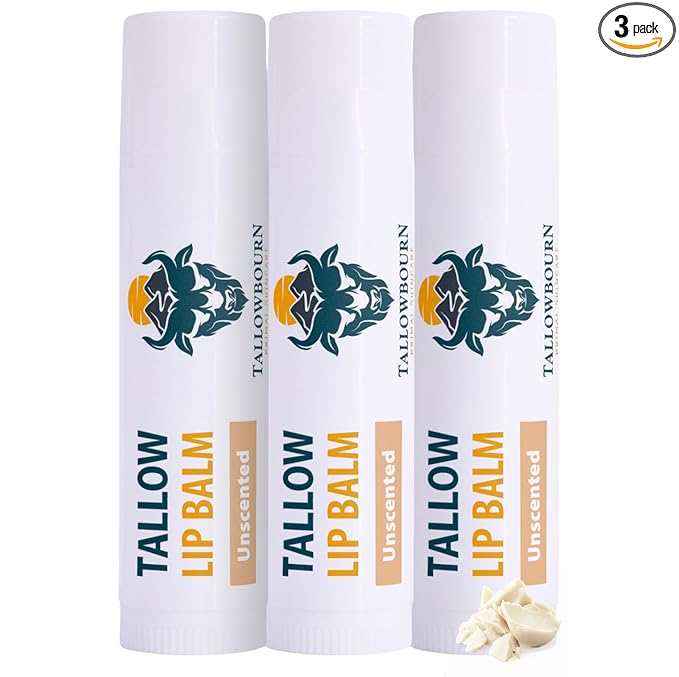 Moisturizing Tallow Lip Balm – Grass-Fed Beef Tallow with Organic Coconut Oil, Beeswax, and Vitamin E – Unscented Lip Balm Set – Travel Essential - 3-Pack