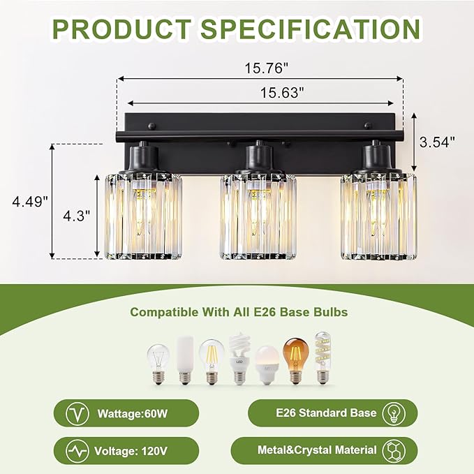Vanity Light, 3-Light Modern Crystal Black Bathroom Light with 3 E26 Bulbs, Vanity Lights for Bathroom Bedroom Living Room Hallway