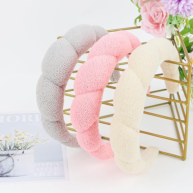 WHAVEL 3 Pack Spa Headband for Skincare, Makeup, Face Washing - Sponge Terry Cloth Puffy Hair Band for Women Girls (Gray, Khaki, Pink)