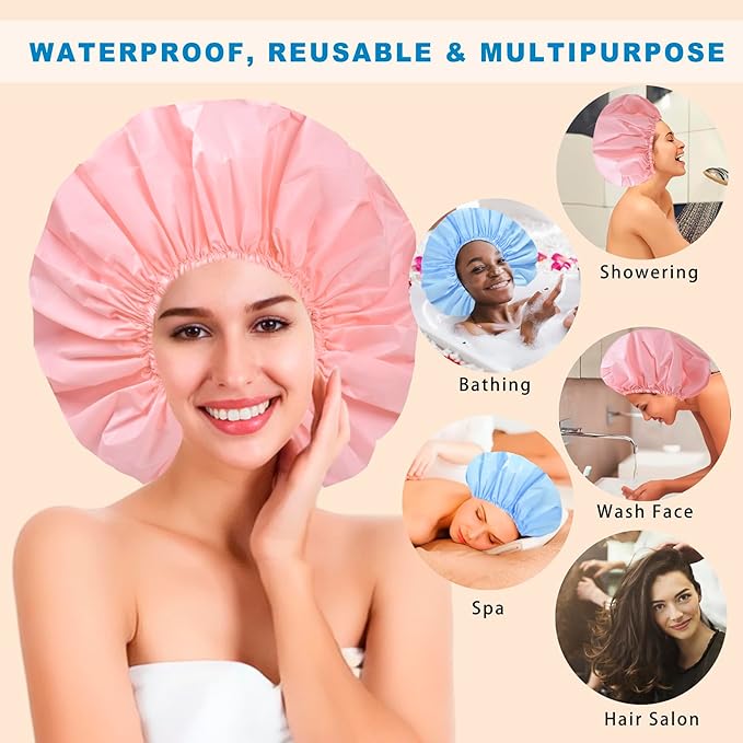 Jumbo Size Shower Cap 2 PCS Waterproof Shower Caps for Women, Extra Large Shower Cap, Reusable Super Large Bath Caps Hair Cap for Long Thick Curly Hair, Locs, Twist Braids - Pink + Blue