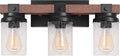 Farmhouse Vanity Light Fixtures, 3-Light Rustic Bathroom Lights Over Mirror with Pretty Glass Shade, Industrial Black Metal Wood Wall Decor Sconces for Living Room Hallway Stairway