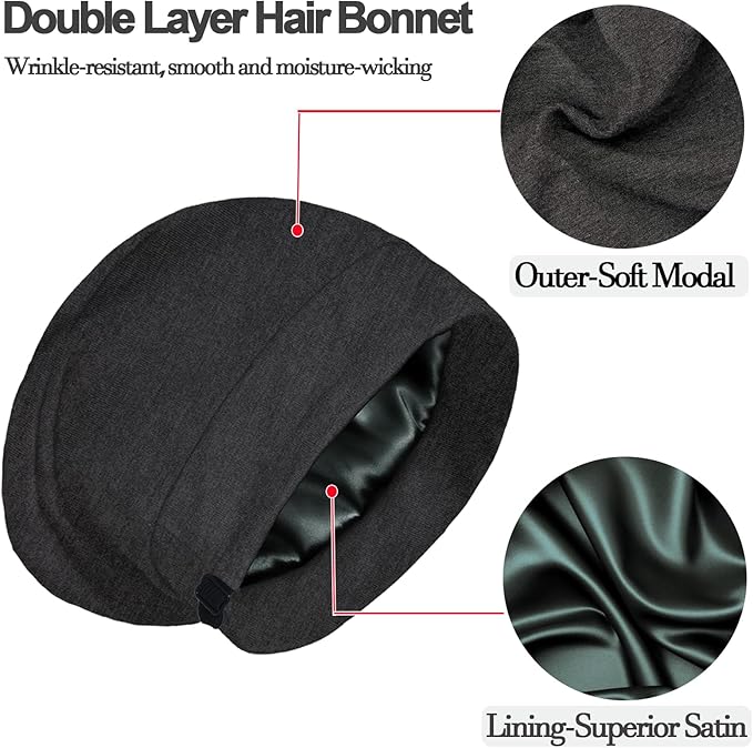 Satin Bonnet for Sleeping Night Cap, Adjustable Satin Lined Silk Bonnets Sleep Cap for Curly Hair Braids Beanie Black Women