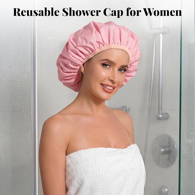 3Pcs Waterproof Shower Cap for Women Reusable, Bath Cap for Long Hair, Comfortable Shower Hat for Thick Curly Hair