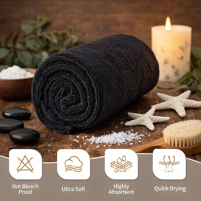 HOME ESSENTIALS Salon Towels (15 x 25 inches) 24 Pack, Black Hand Towels for Bathroom, Quick Dry Gym Towels, Spa Face Towel, Absorbent Cotton Towels for Barber, Gym, Bath, Pedicure and Home Hair Care
