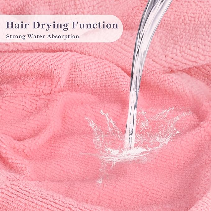 Three-Layer Terry Cloth Lined Satin Shower Cap, with Silk Hair Ties, Microfiber Waterproof Reusable Large Size Shower Cap for Women Long Thick Hair (Pink)