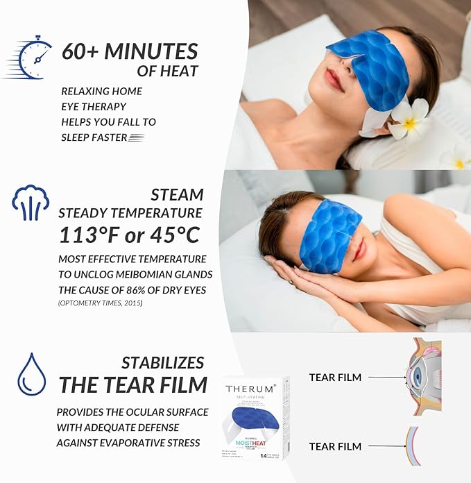 THERUM 120 Mins Long Lasting Self Heating Steam Eye Mask for Tired & Dry Eyes, Meibomian Gland Dysfunction, Stye, Blepharitis (14units/1box)
