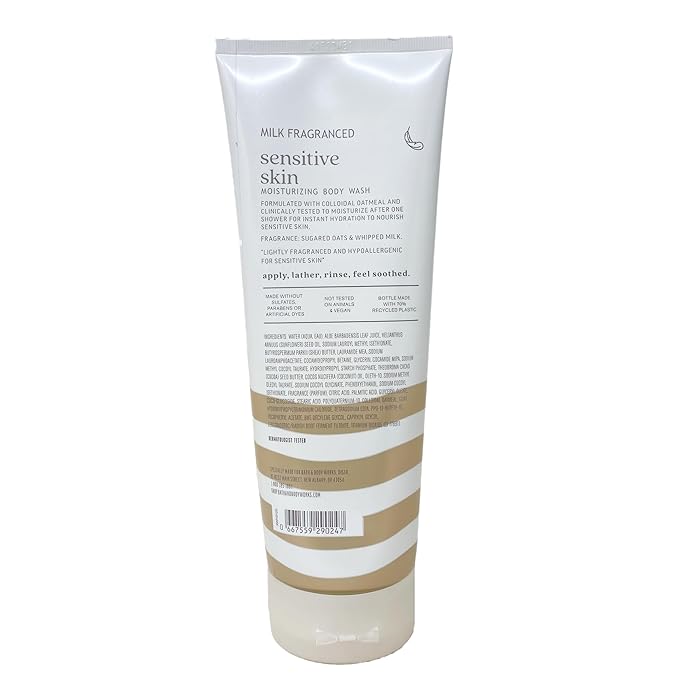 Bath & Body Works Sensitive Skin Milk Fragranced 3 Piece Set - Moisturizing Body Wash, Perfume Mist and Body Lotion - with a Natural Oats Sample Soap