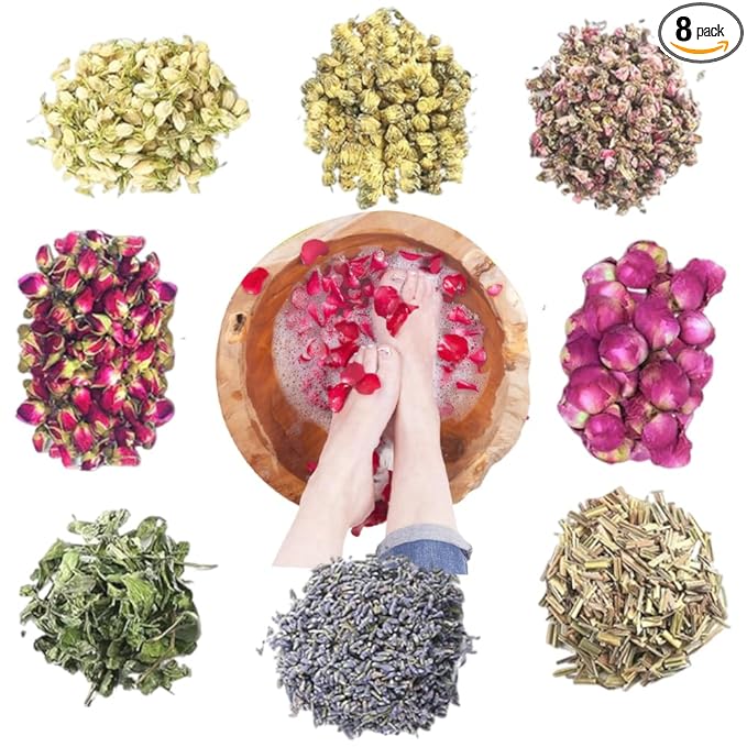 Ouliget Dried Flowers Pedicure Foot Soak Kit,8 Bags Set for Dry Tired Feet,Including Rose Buds,Lavender,Jasmine,Chrysanthemum,Lemongrass,Mint, Peony,Peach Blossom (8 Bags, Dried Flowers)