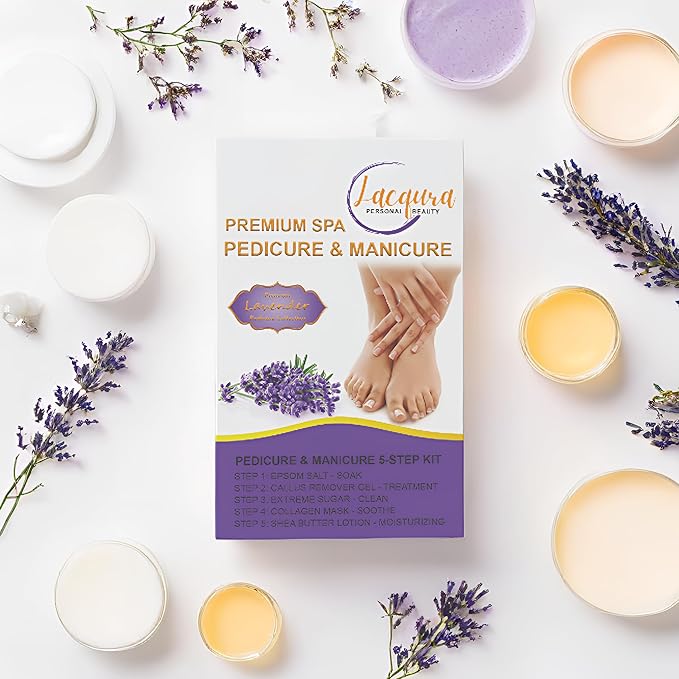 Deluxe Pedicure Kit 5 Step Spa Set – Epsom Salt Soak, Callus Remover Gel, Sugar Scrub, Collagen Mask & Shea Butter Lotion – Professional At Home Foot Care (Lavender, 50 Sets)
