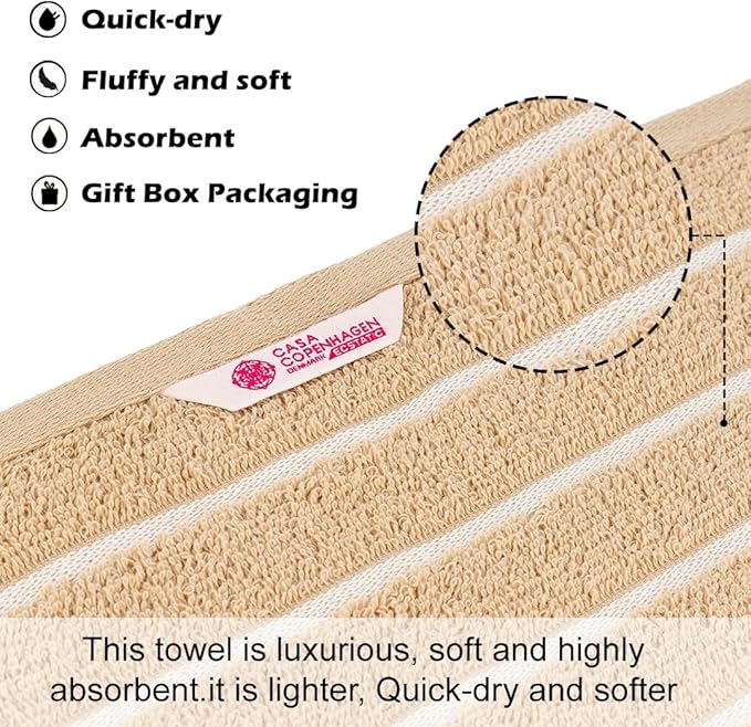 CASA COPENHAGEN Ecstatic 6Pcs 100% Egyptian Cotton Large Designer Towels Gift Set- Cream, 600GSM, 2Bath 2Hand 2Washcloths, Bath Towels for Bathroom Set for Women & Men