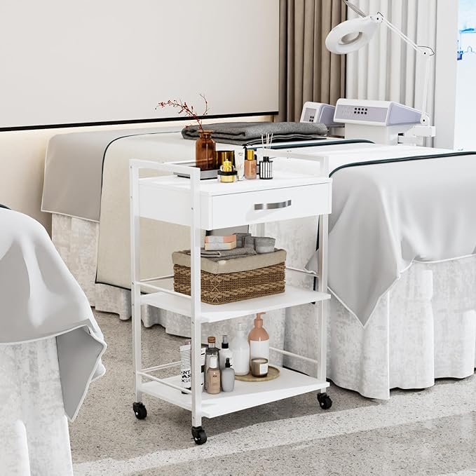 OmySalon Salon Trolley Cart with Wheels, Esthetician Cart with 1 Drawer & 2 Trays, Mobile Storage Organizer for Beauty Spa Massage Tattoo Esthetic Facial Tool Holder Station, White