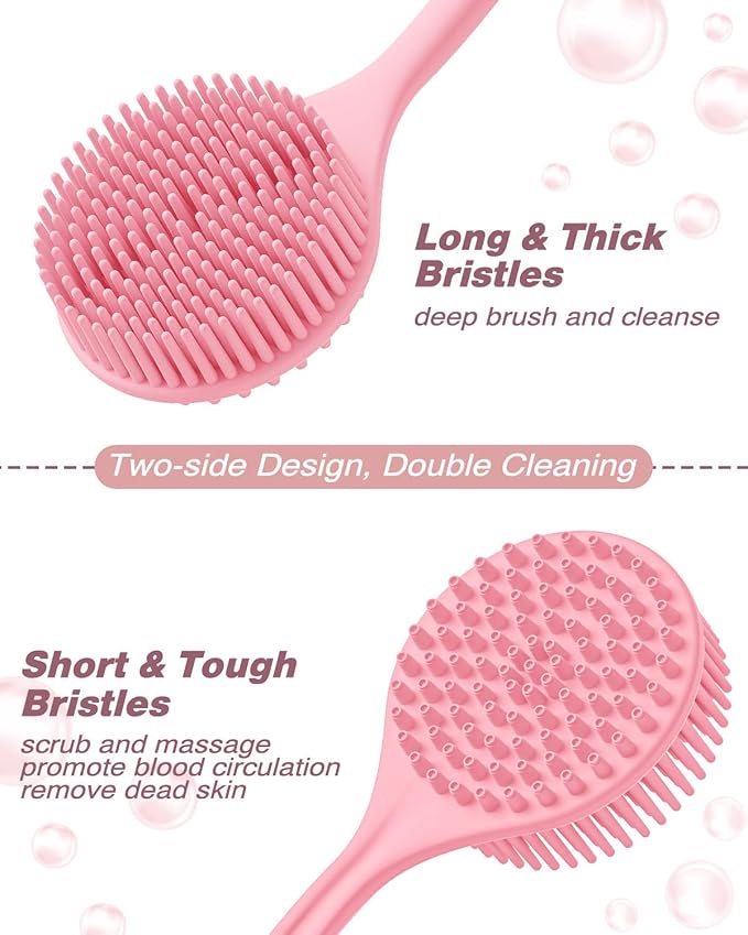Manmihealth Silicone Back Scrubber & Soft Bath Glove Set 4 PCS(Thick Bristles), Super-Exfoliating Body Scrubber & Super-Lathering Shower Brush Combination, with 2 Adhesive Hooks (Pink)