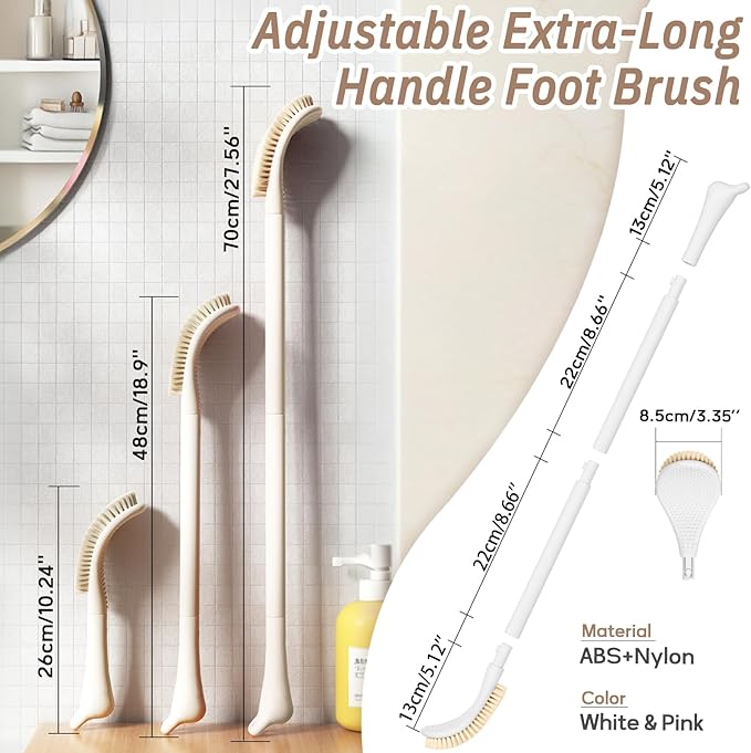 Foot Brush/Foot File/Silicone Body Scrubber Set(3PCS), 3-in-1 Foot Scrubber with Long Handle, 10.2’’-27.5’’Adjustable Foot Scrub Brush with Foot File and Silicone Loofah, Gift-Box(White Set)