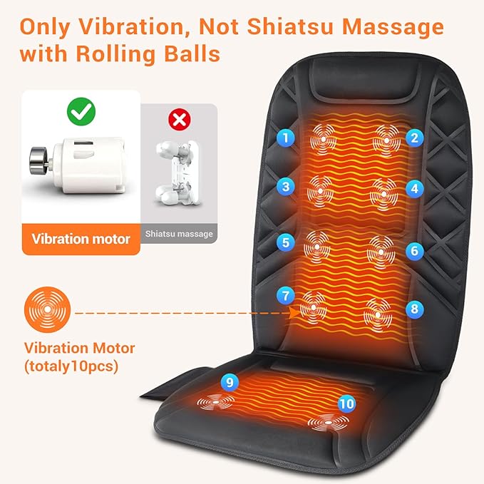 CARSHION 10 Vibrating Massage Nodes Back Massager Chair Pad for Pain Relief Home Office Use
