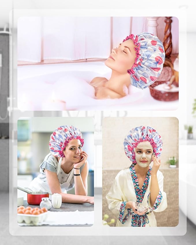Aquior Shower Caps, Reusable Shower Cap for Women, Double Layer Waterproof Hair Cap, Microfiber Large Size for All Hair Lengths,for Girls Spa Home Salon Use (Red-Tulip)