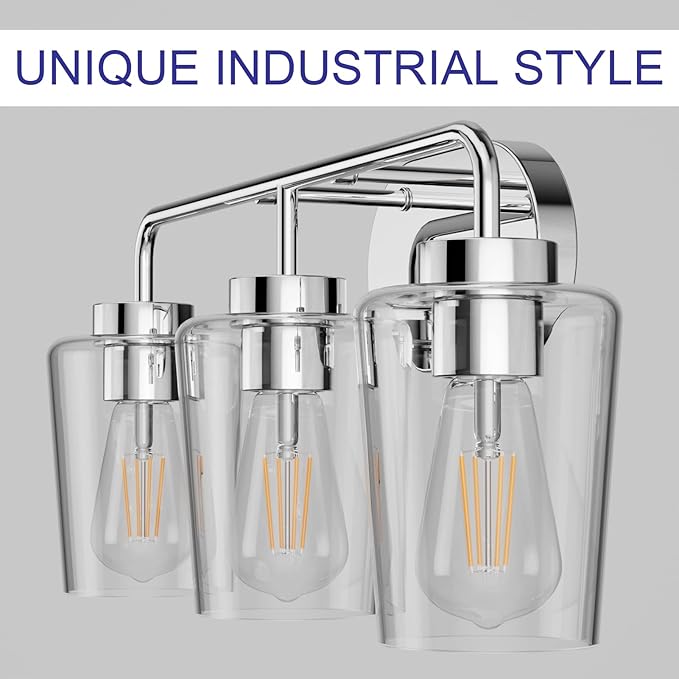 Tipace Modern Bathroom Vanity Lighting Fixtures 3-Lights Industrial Stainless Steel Chrome Finish with Clear Glass Vanity Lights Farmhouse Bath Lighting(Exclude Bulb)