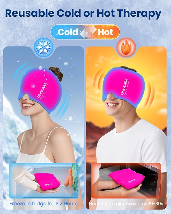 Upgraded Migraine Relief Cap, ONLYCARE Headache Relief Cap, Soothing Migraine Mask, Odorless Gel Ice Head Wrap, Hot & Cold Therapy, Reusable Ice Pack for Tension and Stress Rose Red