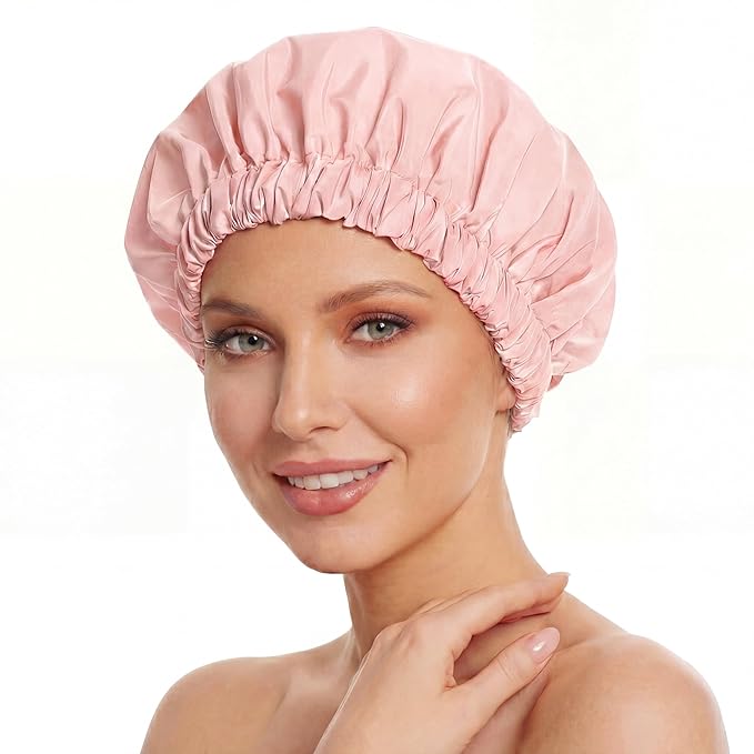 Reusable Shower Cap for Women, Large Waterproof Shower Bonnet with Elastic Band, Washable Bath Hair Cap for Long, Curly Hair, Braids, Daily Shower, Home Spa, Travel(Pink)
