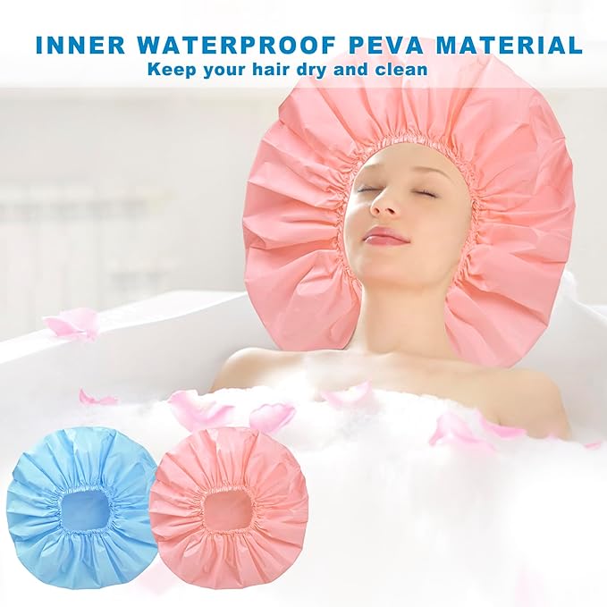 Jumbo Size Shower Cap 2 PCS Waterproof Shower Caps for Women, Extra Large Shower Cap, Reusable Super Large Bath Caps Hair Cap for Long Thick Curly Hair, Locs, Twist Braids - Pink + Blue