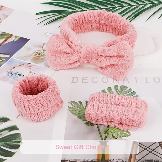 CIEHER 12 PCS Makeup Headband for Women Wrist Washband Scrunchies Cuffs for Washing Face, Soft Bow Hair Band Matching Wristbands, Rose Pink, Light Pink, Khaki Brown, White