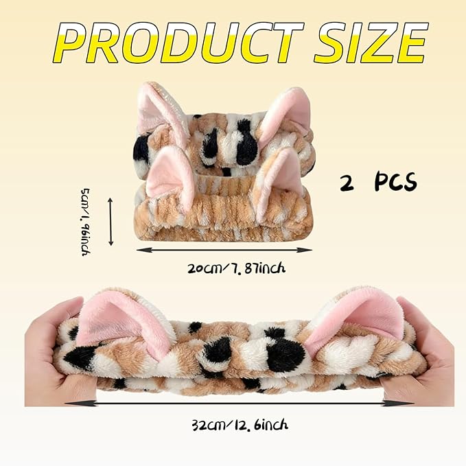2 PCS Cute Cat Ear Spa Headband For Washing Face, Skincare Makeup Headbands For Women, Soft Coral Fleece Hair Accessories (Yellow+Leopard)
