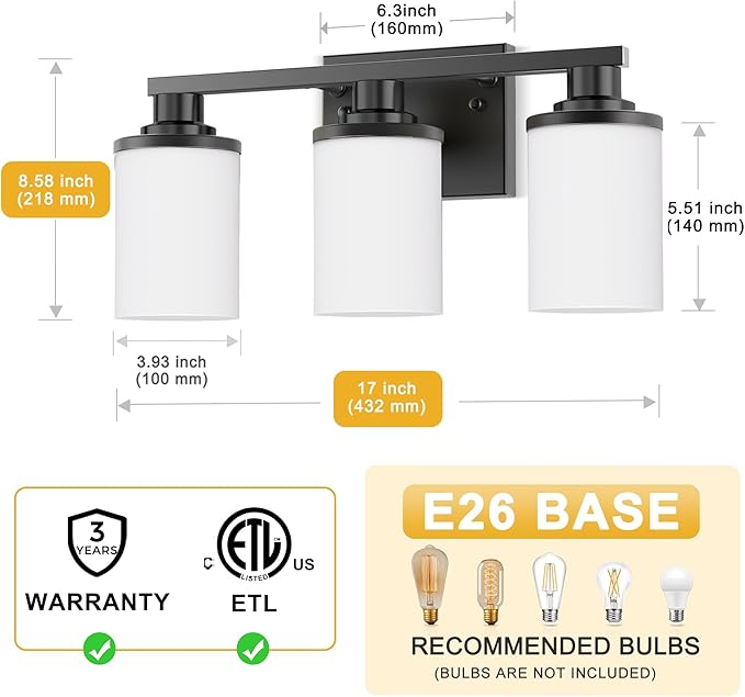 L LOHAS LED Black Bathroom Light Fixtures, 3-Light Vanity Light Over Mirror, Wall Sconces with Milky White Frosted Glass Shades, ETL Listed
