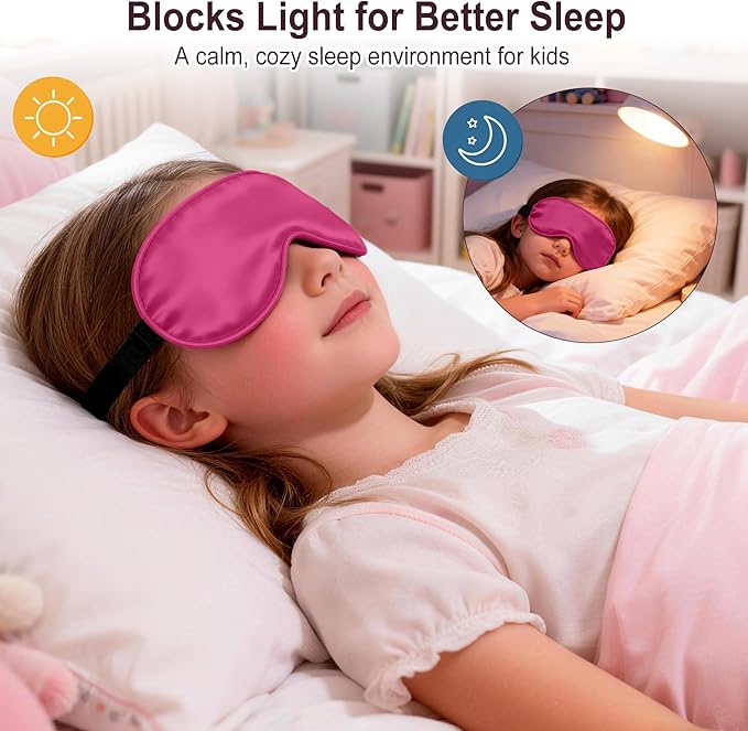 Kids Sleep Mask, Kids Eye Mask for Boys Girls, Kid Silk Eye Masks with Adjustable Strap for Sleeping, 100% Light-Blocking Sleep Eye Cover, Includes Protective Laundry Bag (Rose red)