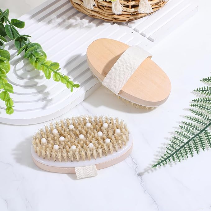 Sibba 10 Pack Dry Brushing Body Brush, Natural Bristle Exfoliating Brush with Massage Nodule Dry Skin Body Scrubber for Shower Blood Circulation Dead Skin Exfoliator Deep Exfoliation