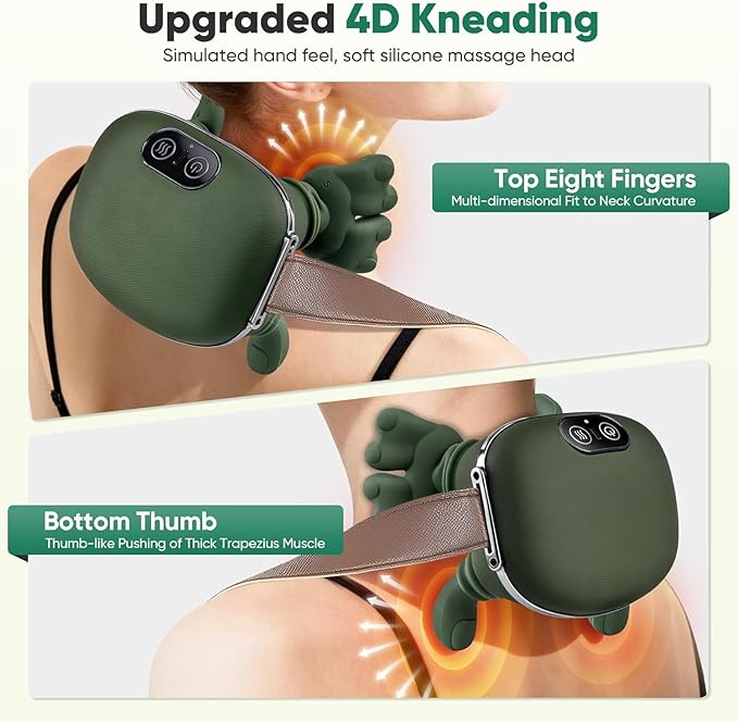 Neck Massager with Finger Kneading, Deep Tissue Neck & Shoulder Massager, 4D Palm-Kneading Massage with Heat, Wearable Strap, Gentle Warmth for Stress & Tension Relief