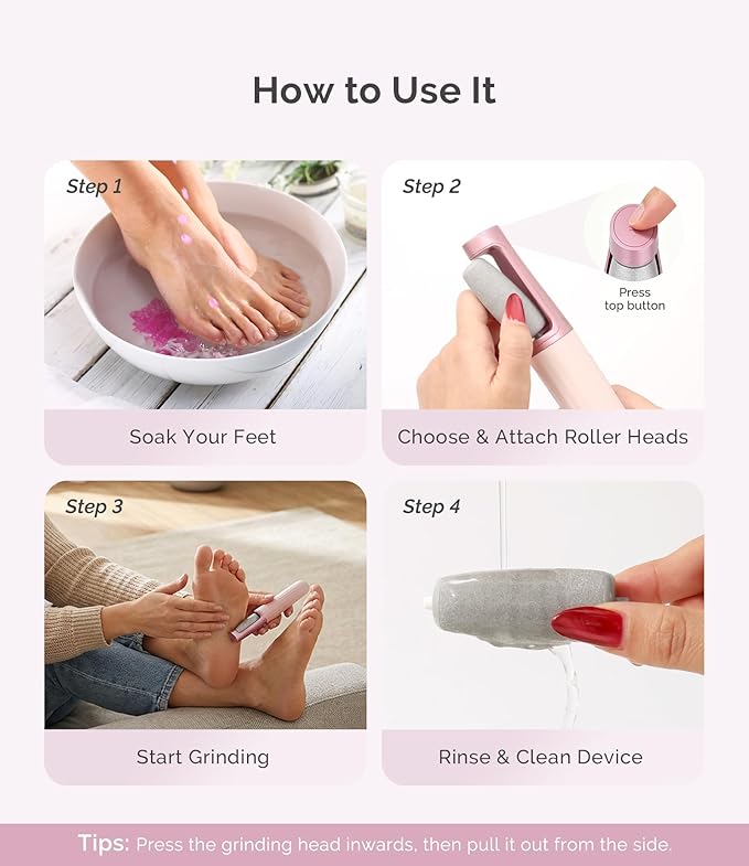 MelodySusie Electric Callus Remover for Feet, PC800G Waterproof Rechargeable Pedicure Tool with Light & 3 Different Grits Roller Heads & Adjustable Speeds, for Dead Skin & Cracked Heel (Pink Rose)