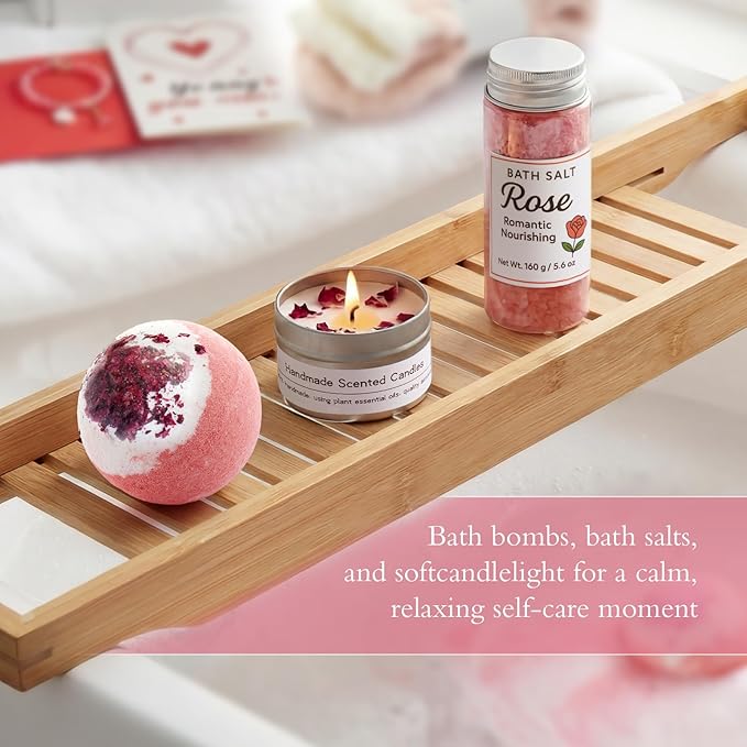 Birthday Gifts for Women, Pink Romantic Self Care Gift Set for Her with Glass Cup, Axolotl Gifts, Bath Bombs & Bath Salts, Socks, Thoughtful Birthday Gift for Wife, Girlfriend or Best Friend