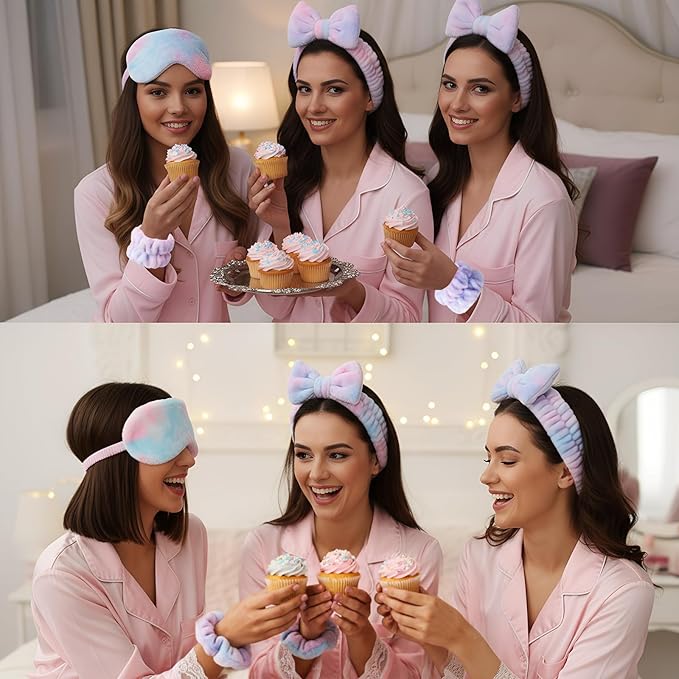 Hoteam 10 Pcs Spa Party Supplies Gift for Mother's Day Sleepover Party Favor Spa Headband Wristband Sleep Eye Mask Velvet Scrunchies for Skin Care Makeup Slumber Night Favor(Tie Dye)