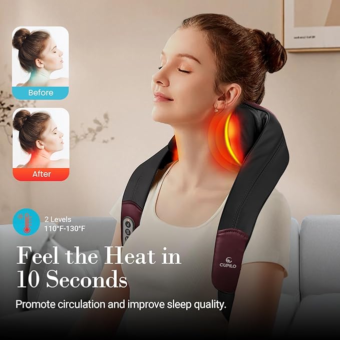 CuPiLo Shiatsu Neck Massager with Heat - Ideal Gift for Her,Him Cordless 4D Expert Neck Shoulder Massage for Pain Relief,Upgarded Kneading Massager for Muscle Relaxation