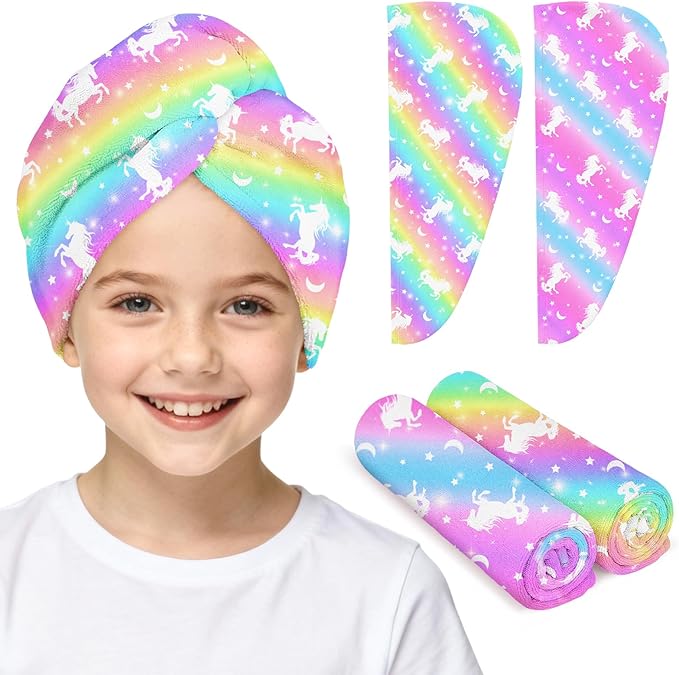 Microfiber Hair Towel Wrap for Kids 2 Pack Quick Drying Hair Towels with Button Hair Turbans for Wet Hair Absorbent Quick Dry Wraps Head Towel Wrap for Women and Girls, Rainbow Blue Purple Unicorn