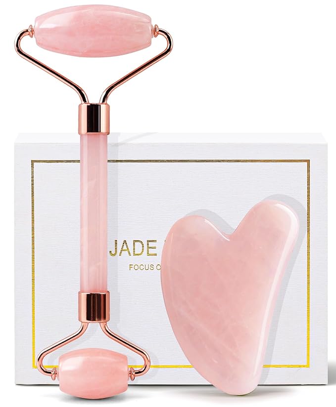 huefull Face Massager Rose Quartz Face Roller & Gua Sha Facial Tool Set, Muscle Tension Relief, Skin Care Gifts for Woman/Men, Skin Care Gifts