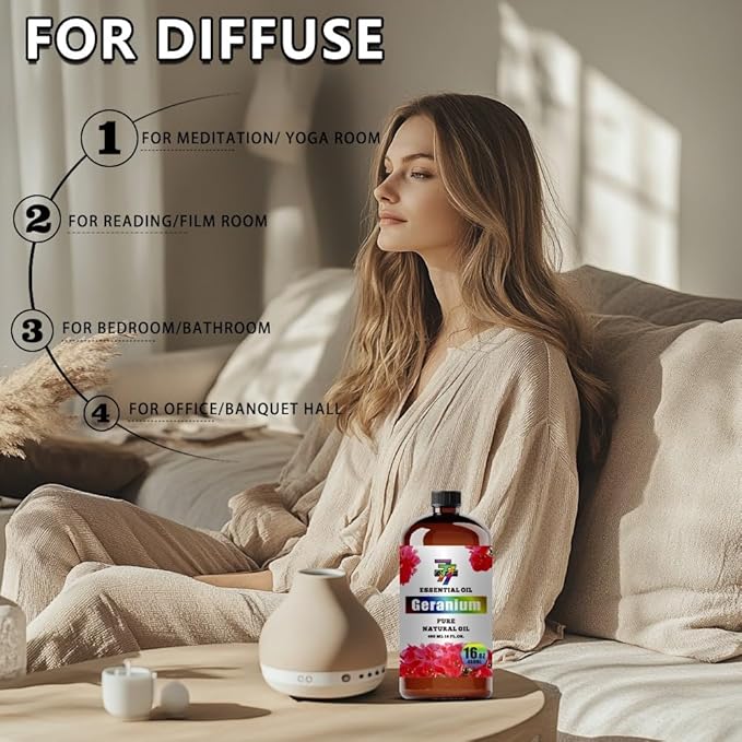 Geranium Essential Oil - GV77ZF Geranium Oils for Diffusers, Humidifiers, DIY Candles, Soap, Cleaning, Home, Office, Yoga, Massage, Gifts - 16 fl oz (480 ml)