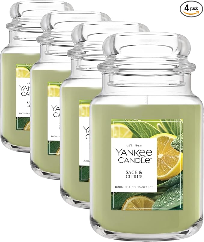 Yankee Candle Sage & Citrus, Scented Candle, 22oz Large Jar with up to 150 Hour Burn Time, Giftable, Birthdays (Pack of 4)