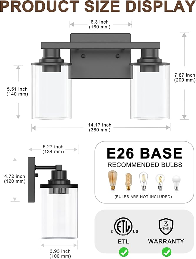 L LOHAS LED 2-Light Black Bathroom Light Fixtures,Modern Lighting Fixtures Over Mirror with Clear Glass Shade, Vanity Lights for Bedroom, ETL Listed