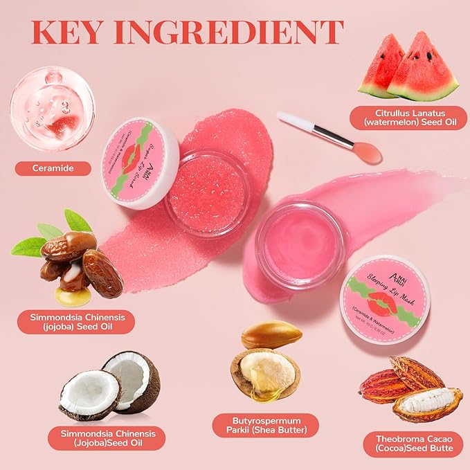 Hydrating Lip Mask Set, Lip Scrub & Lip Butter, Overnight Lip Treatment Set Enriched With Ceramide, Watermelon and Shea Butter, For A Softer & Smoother Lips, Overnight Lip Mask Mothers Day Gifts