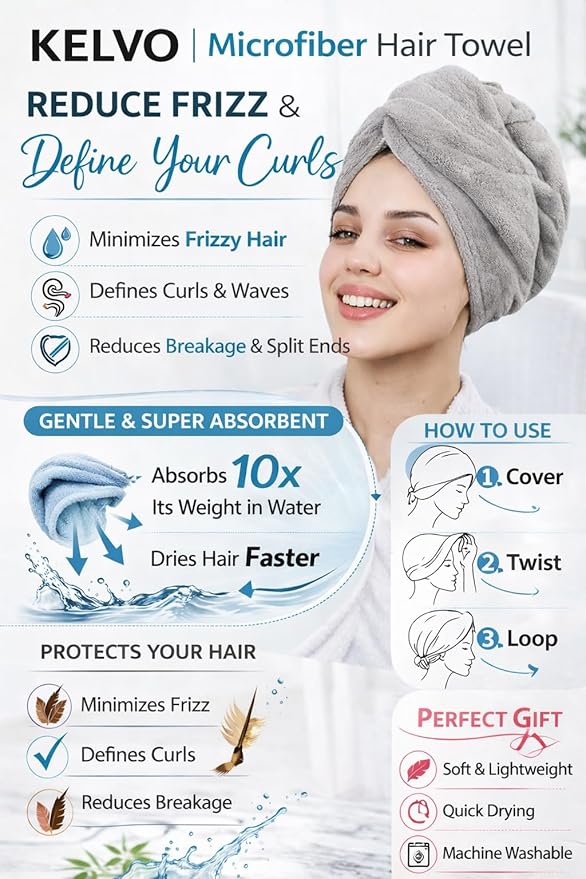 KELVO Microfiber Hair Towel Wrap for Women, 350 GSM Quick-Dry Hair Turban, Soft Anti-Frizz Towel for Curly, Long & Thick Hair, Lightweight Fast-Drying Head Wrap. (3 Gray (Solid, Stripes,Chess))