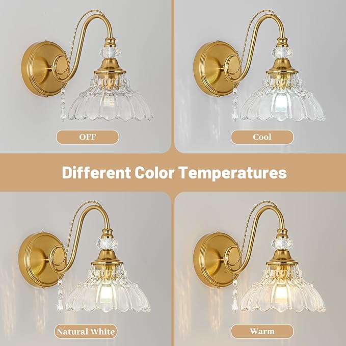 1 Piece Vintage Wall Sconce, 1-Light Brushed Gold Finish Wall Sconce with Hanging Crystal Accents and Flower-Shaped Clear Shades for Bathroom Bedroom Living Room,Vintage Vanity Light