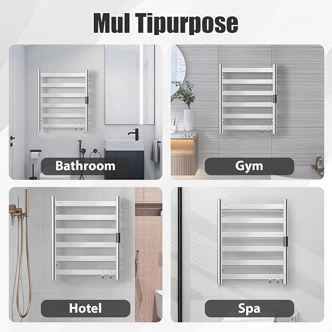 R FLORY Heated Towel Rack for Bathroom, 6 Bar Wall Mounted Towel Warmer Rack Flat with Timer & Temperature, Electric Towel Heater with LED Display Screen, Plug-in